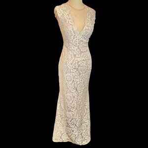Betsy Adam Ivory Floral Lace Sequin Mermaid Style Open Back Gown